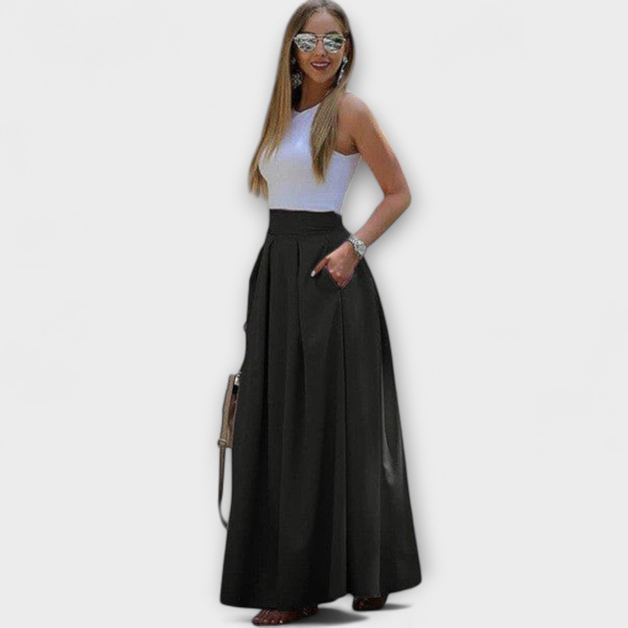Eleganter Maxirock mit hoher Taille, schwarz, mit Falten und A-Linien-Schnitt