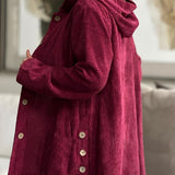 Cordjacke mit Kapuze in Bordeauxrot, seitlich offenes Design mit Knöpfen