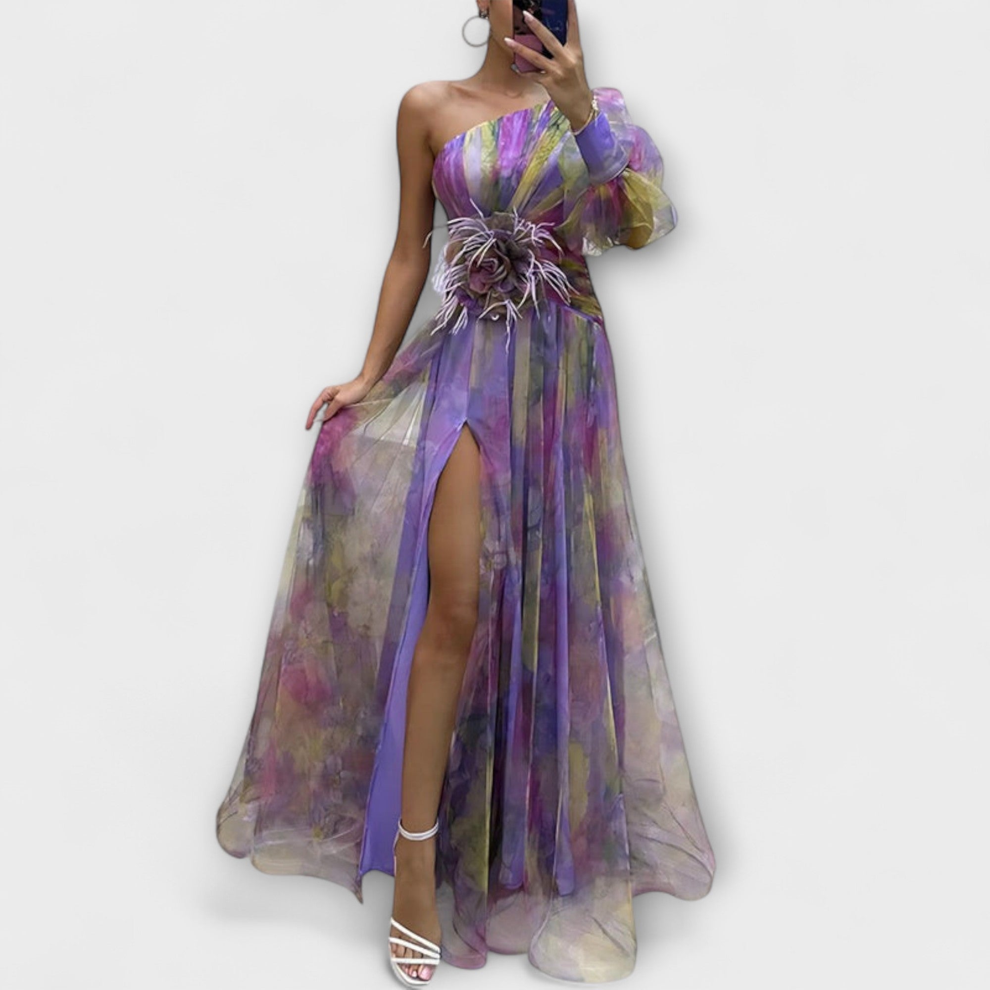 Asymmetrisches One-Shoulder-Maxikleid, Farbmix Lila/Grün/Gelb, geraffter Taillengürtel