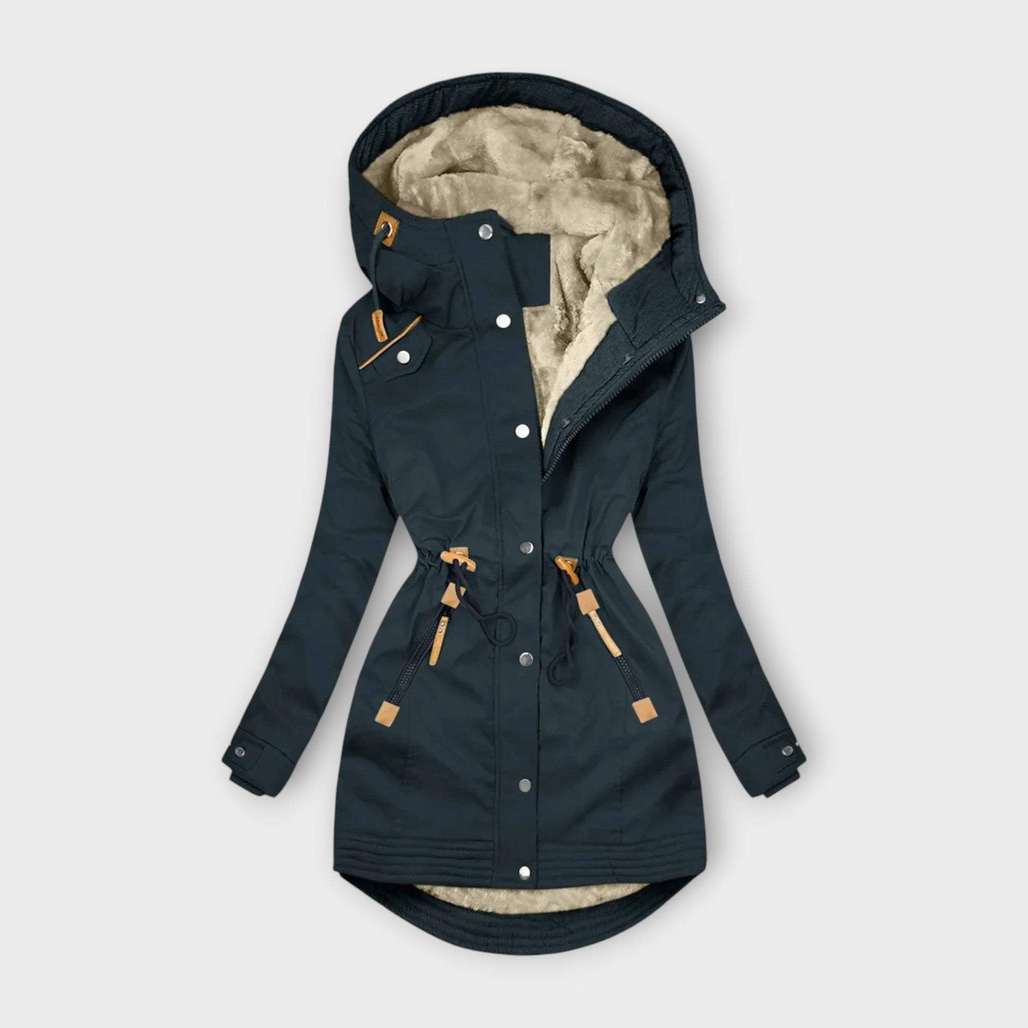 Parka mit Kapuze und Fellfutter, dunkelblau, Knopfverschluss und Kordelzug an der Taille