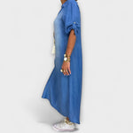 Denim-Look Kleid blau, Seitenschlitz, Puffärmel, seitlicher Schnitt im Lagenlook