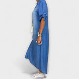 Denim-Look Kleid blau, Seitenschlitz, Puffärmel, seitlicher Schnitt im Lagenlook