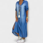 Denim-Look Kleid blau, V-Ausschnitt, Kurzarm, asymmetrischer Saum mit Seitenschlitz