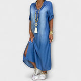 Denim-Look Kleid blau, V-Ausschnitt, Kurzarm, asymmetrischer Saum mit Seitenschlitz