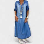 Denim-Look Kleid blau, V-Ausschnitt, Kurzarm, gerader Fall, Seitenschlitz am Saum