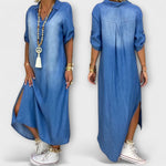 Denim-Look Kleid blau, Vorder- und Rückansicht, Kurzarm, Seitenschlitz