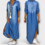 Denim-Look Kleid blau, Vorder- und Rückansicht, Kurzarm, Seitenschlitz