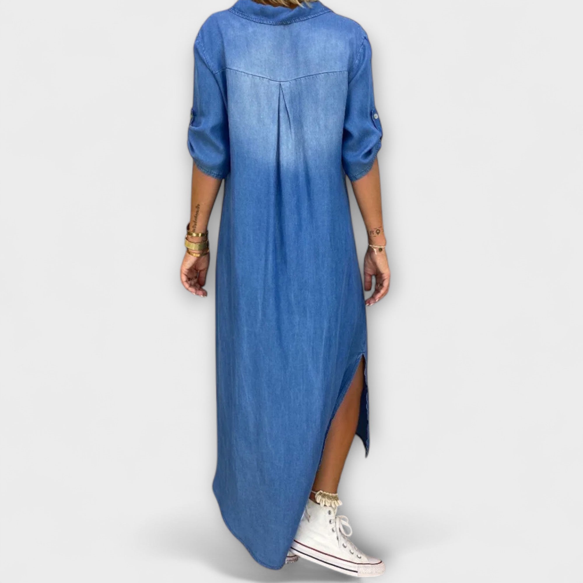 Denim-Look Kleid blau, Rückansicht, Rundhalsausschnitt, Knopfmanschetten, Seitenschlitz