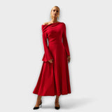 Rotes Off-Shoulder Midi-Kleid mit gerafften Ballonärmeln und lockerem Faltenrock
