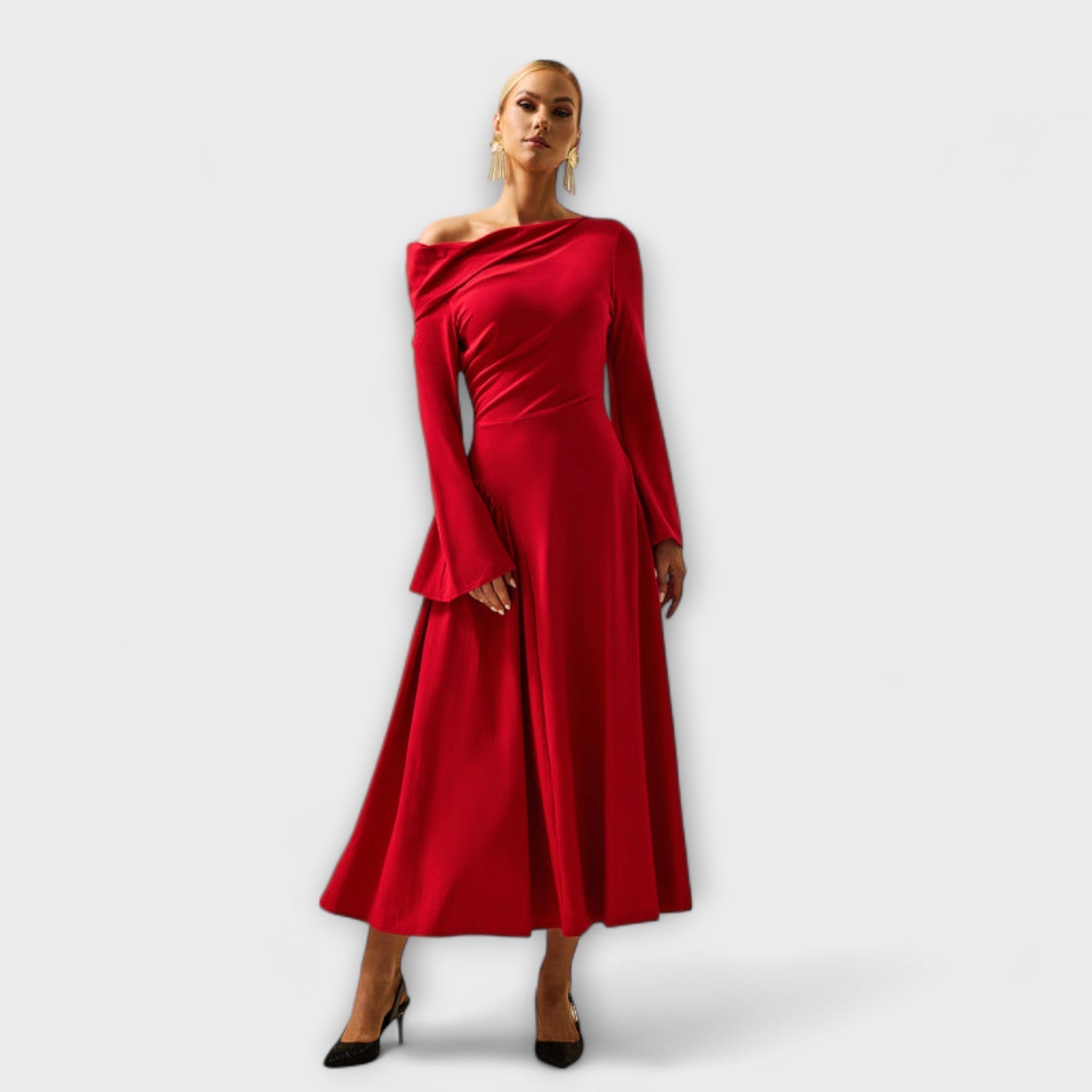 Rotes Off-Shoulder Midi-Kleid mit gerafften Ballonärmeln und lockerem Faltenrock