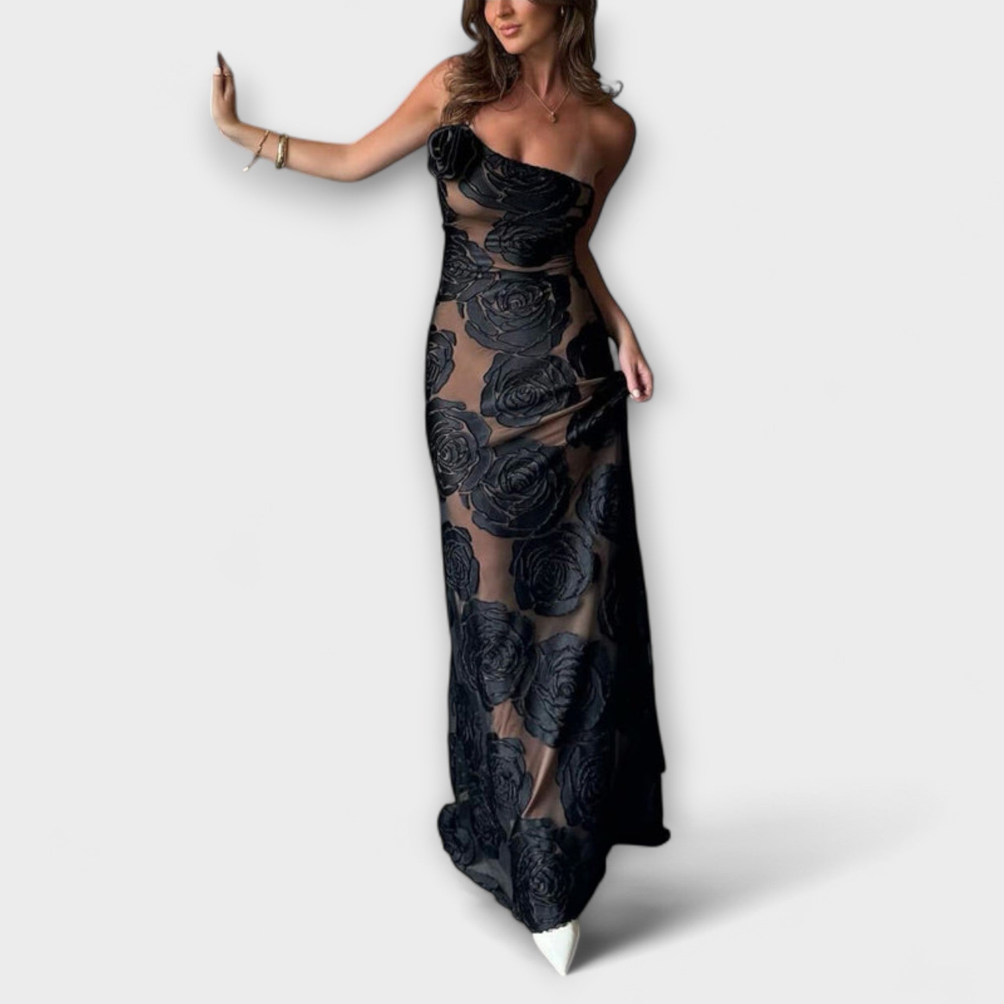Ärmelloses Maxikleid mit floralem Rosenmuster, schwarzem transparentem Spitzenlook
