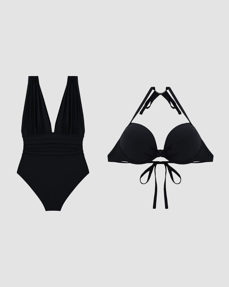 Badeanzug-Designansicht: einteiliger Badeanzug und Triangel-Bikini-Oberteil, schwarz