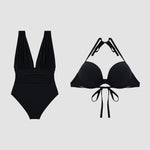 Badeanzug-Designansicht: einteiliger Badeanzug und Triangel-Bikini-Oberteil, schwarz