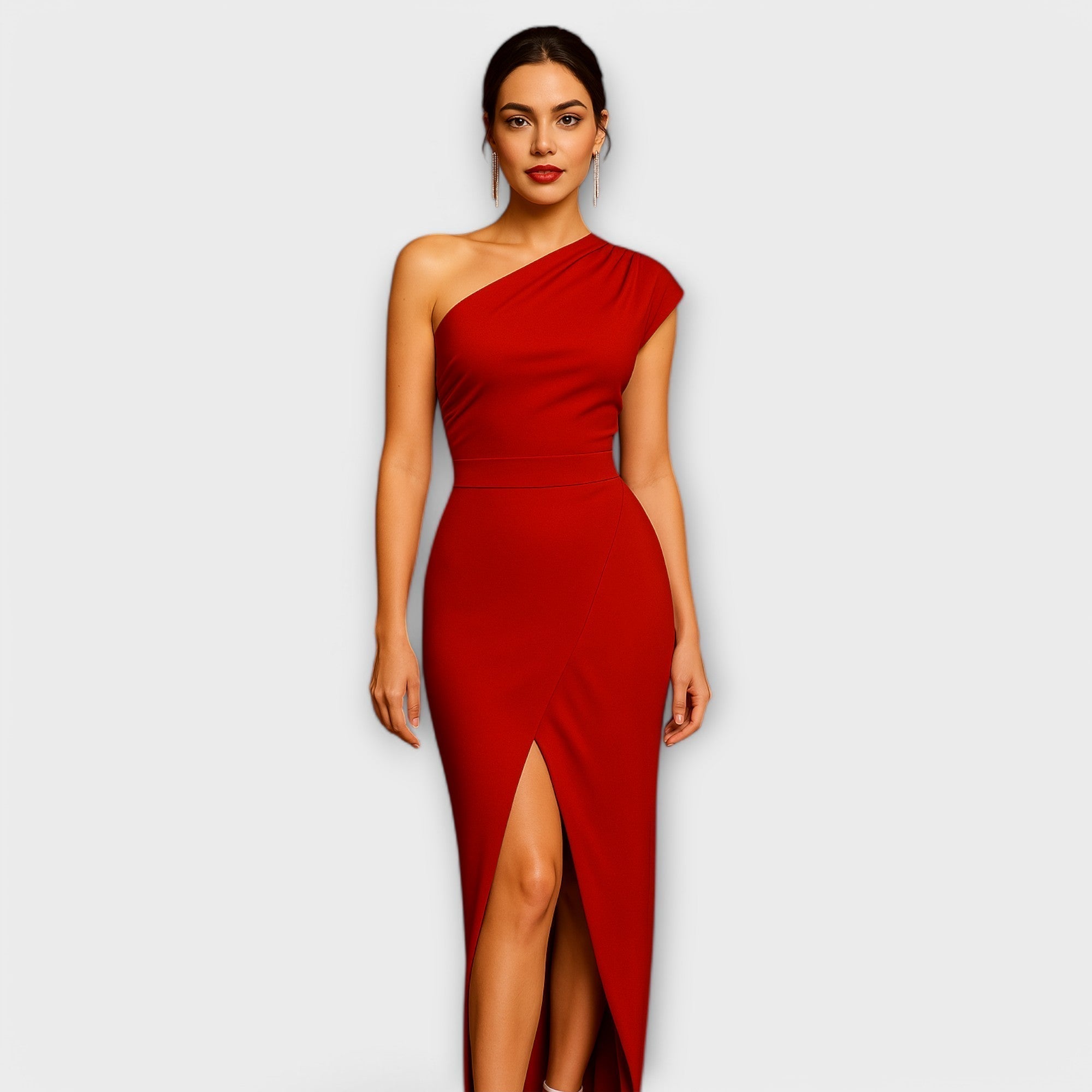 Asymmetrisches Abendkleid in Rot, One-Shoulder, tailliert, hoher Beinschlitz.