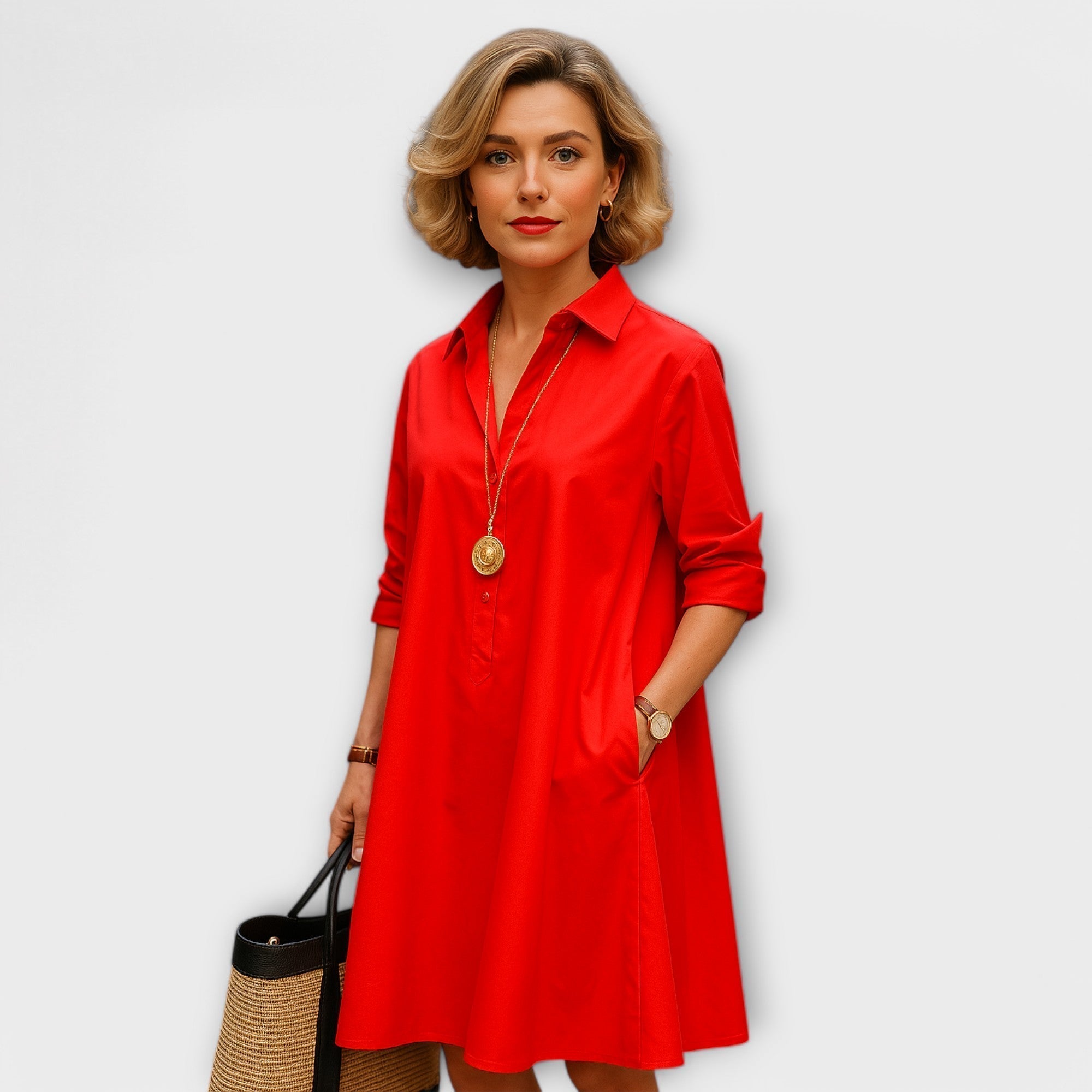 Rotes Hemdkleid mit Kragen und Dreiviertel-Ärmeln, Knopfleiste