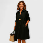 Schwarzes Hemdkleid mit Kragen und Dreiviertel-Ärmeln, Knopfleiste