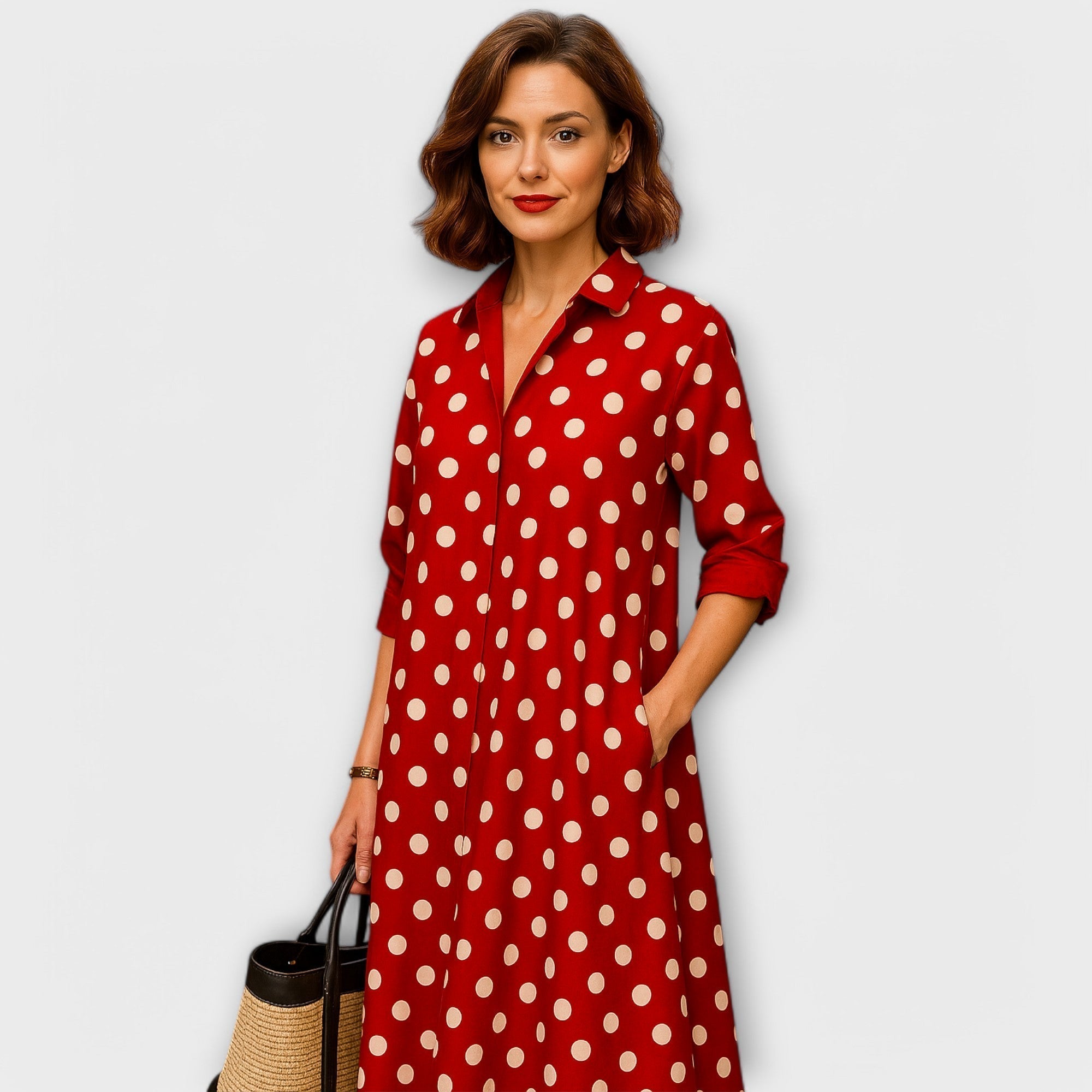Rotes Hemdkleid mit weißem Punkte-Muster, Kragen und Dreiviertel-Ärmeln