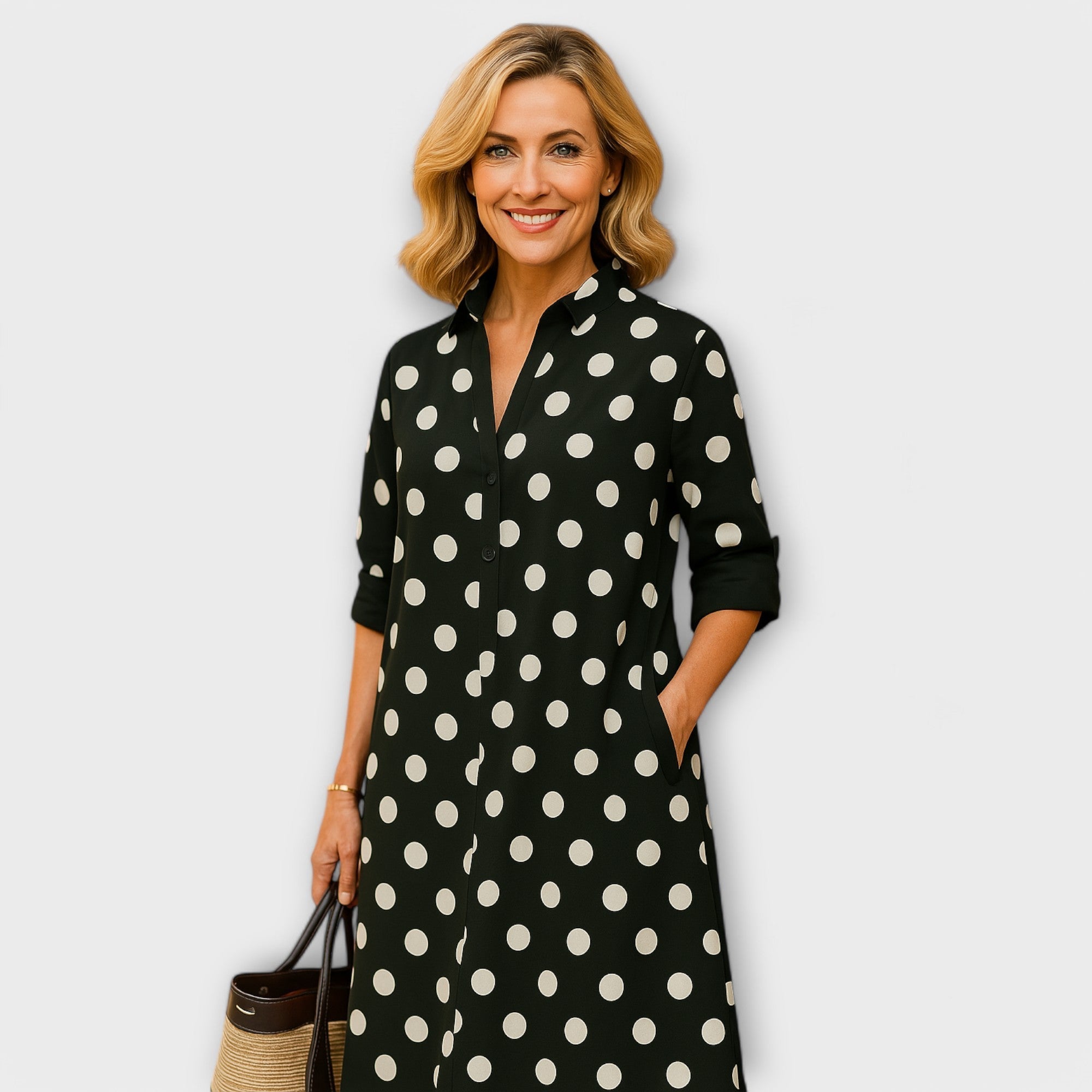 Schwarzes Hemdkleid mit weißen Punkten, Kragen und Dreiviertel-Ärmeln