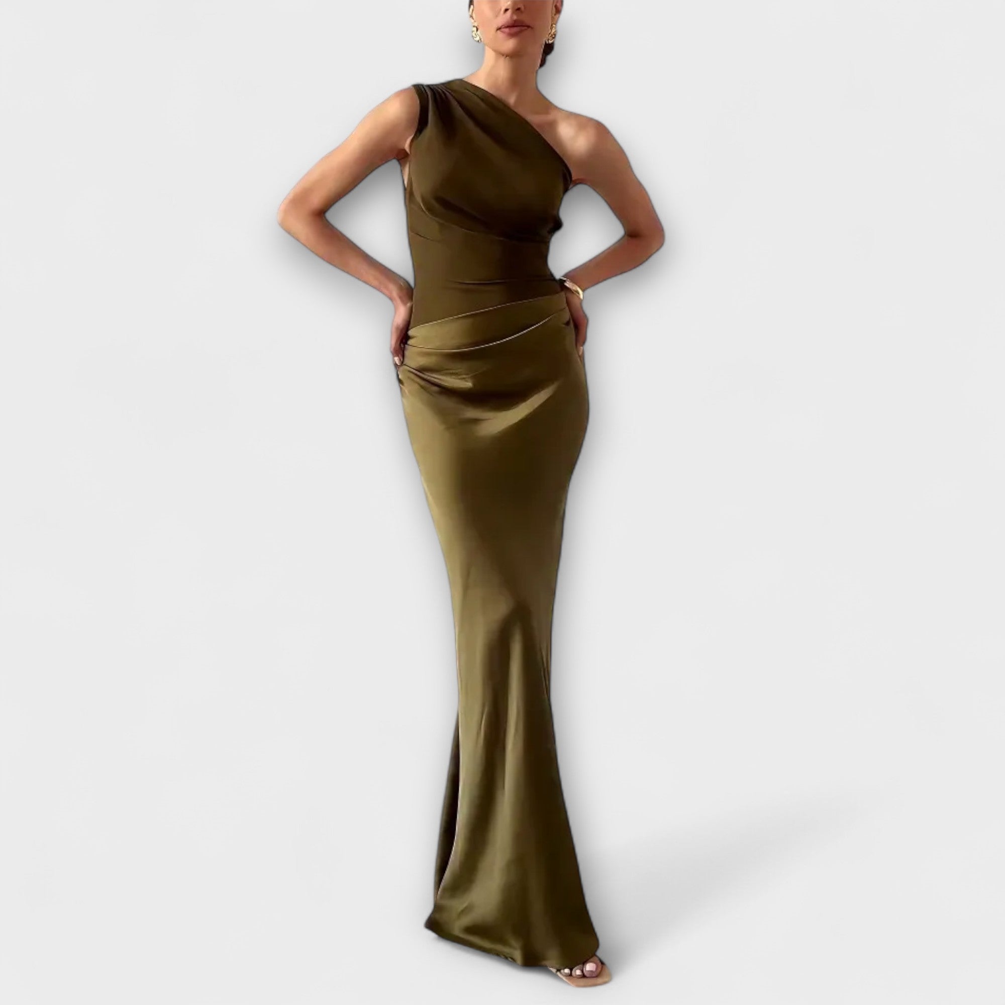 Ein-Schulter Maxi-Kleid mit Falten am Taillenband, dunkelgrün/oliv, körpernah