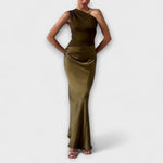 Ein-Schulter Maxi-Kleid mit drapiertem Saum, olivgrüner Glanzstoff, enges Oberteil