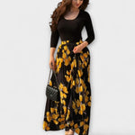 Damen-Top mit 3/4-Ärmeln und Faltenrock, schwarz mit gelbem Blumenmuster