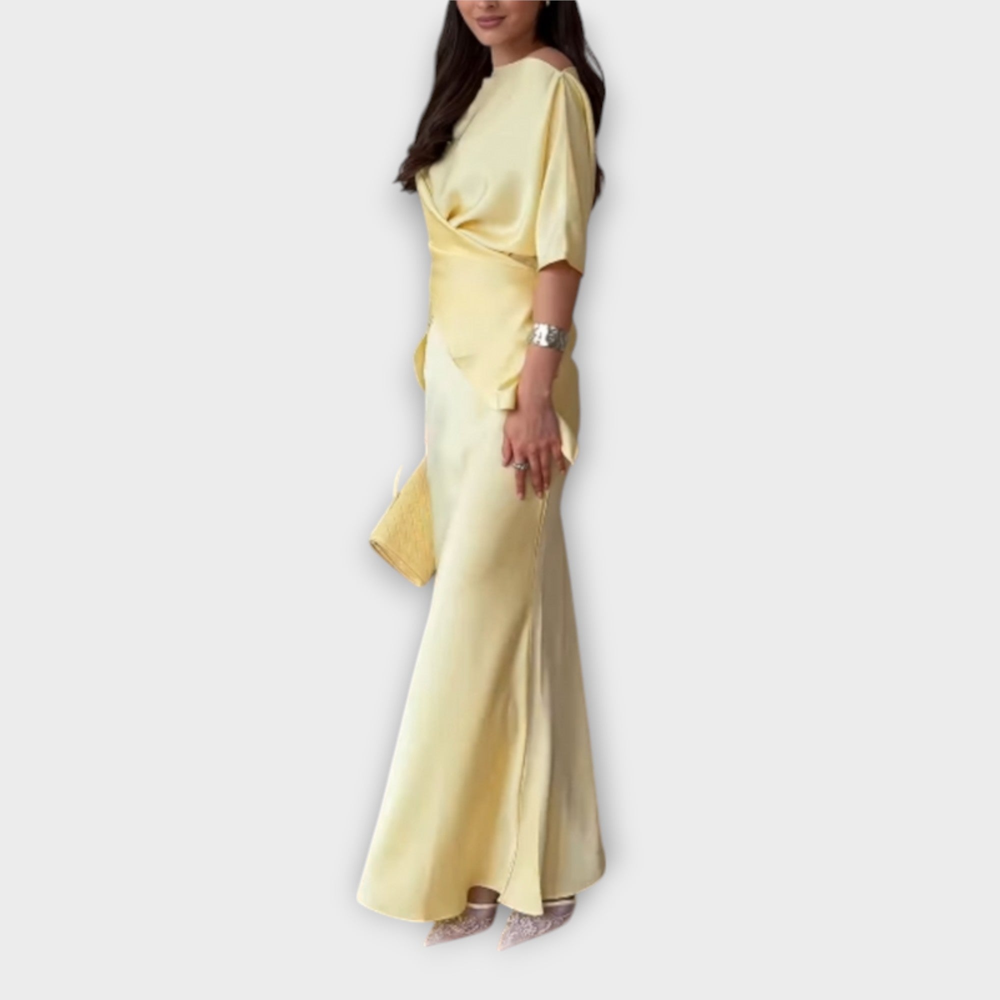 Gelbes Off-Shoulder-Top mit Rock, kurze Ärmel und drapierter Front, Maxilänge