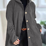 Cordia Cordjacke mit Kapuze, grauer Cord, Knopfleiste, lange Ärmel.