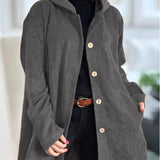 Cordia Cordjacke mit Kapuze, grauer Cord, Knopfleiste, lange Ärmel.
