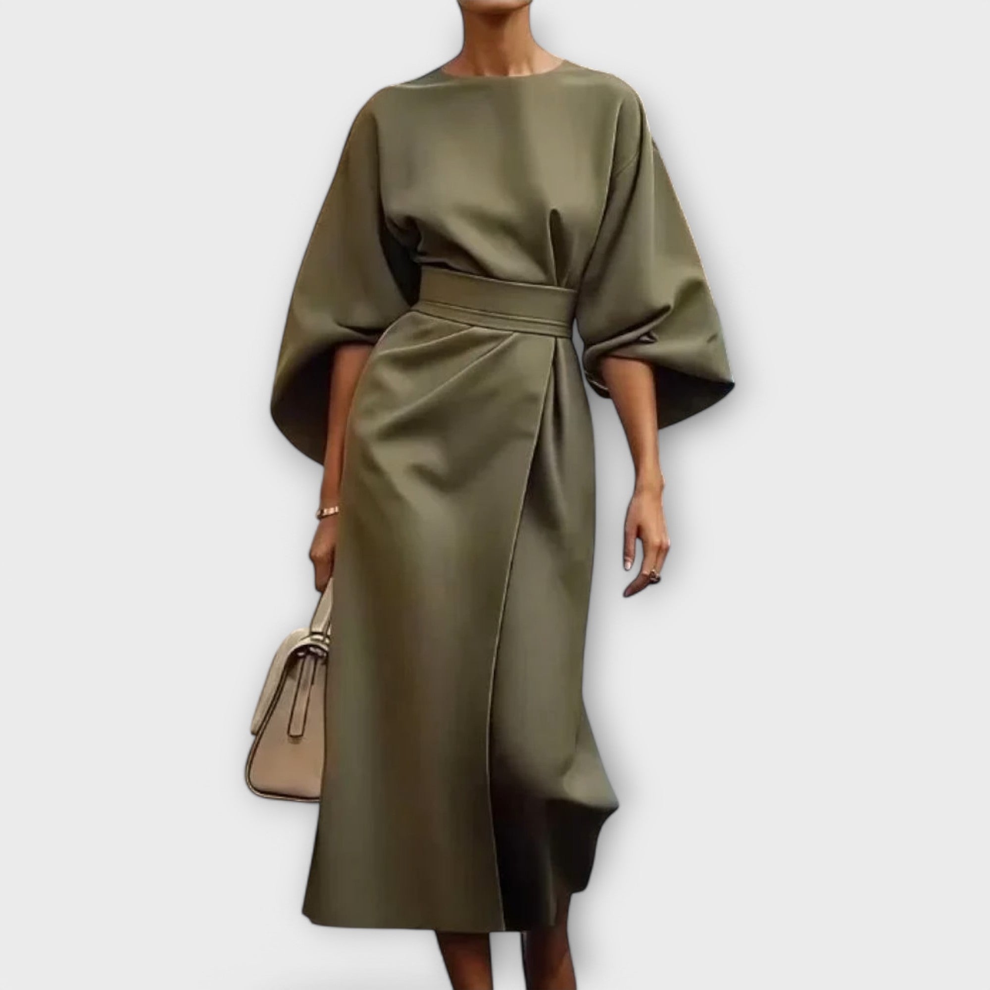 Elegantes Kleid mit Ärmeln, tailliert mit Gürtel, knielang, khakifarben, locker drapiert