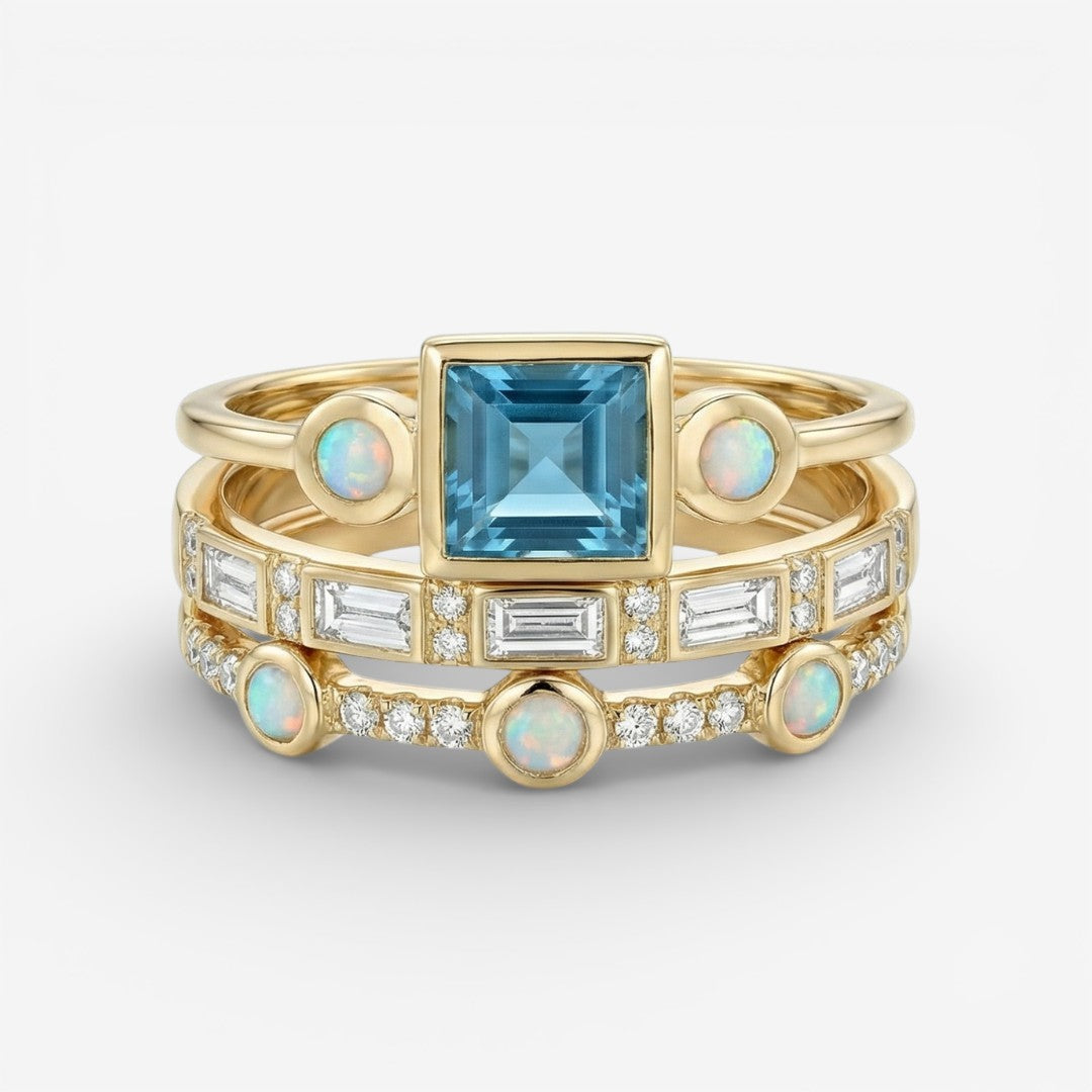 Ozean Kristallring-Set, goldfarben, mit blauem Stein und opalfarbenen Steinen