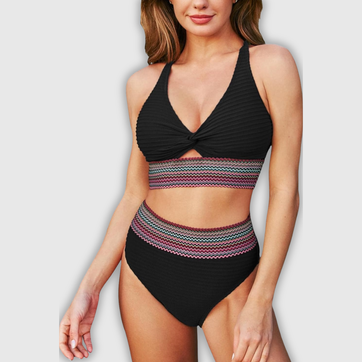 Schwarzes Bikini-Set mit V-Ausschnitt, Bügel-Bra und mehrfarbigen Streifen am Bund