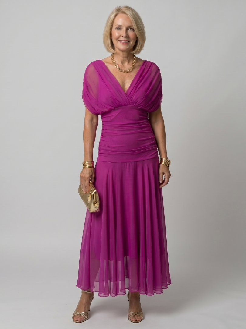 Off-Shoulder Midi-Kleid mit gerafftem V-Ausschnitt, magentafarben, schwingender Rock