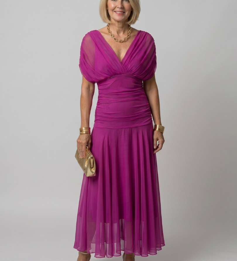 Off-Shoulder Midi-Kleid mit gerafftem V-Ausschnitt, magentafarben, schwingender Rock