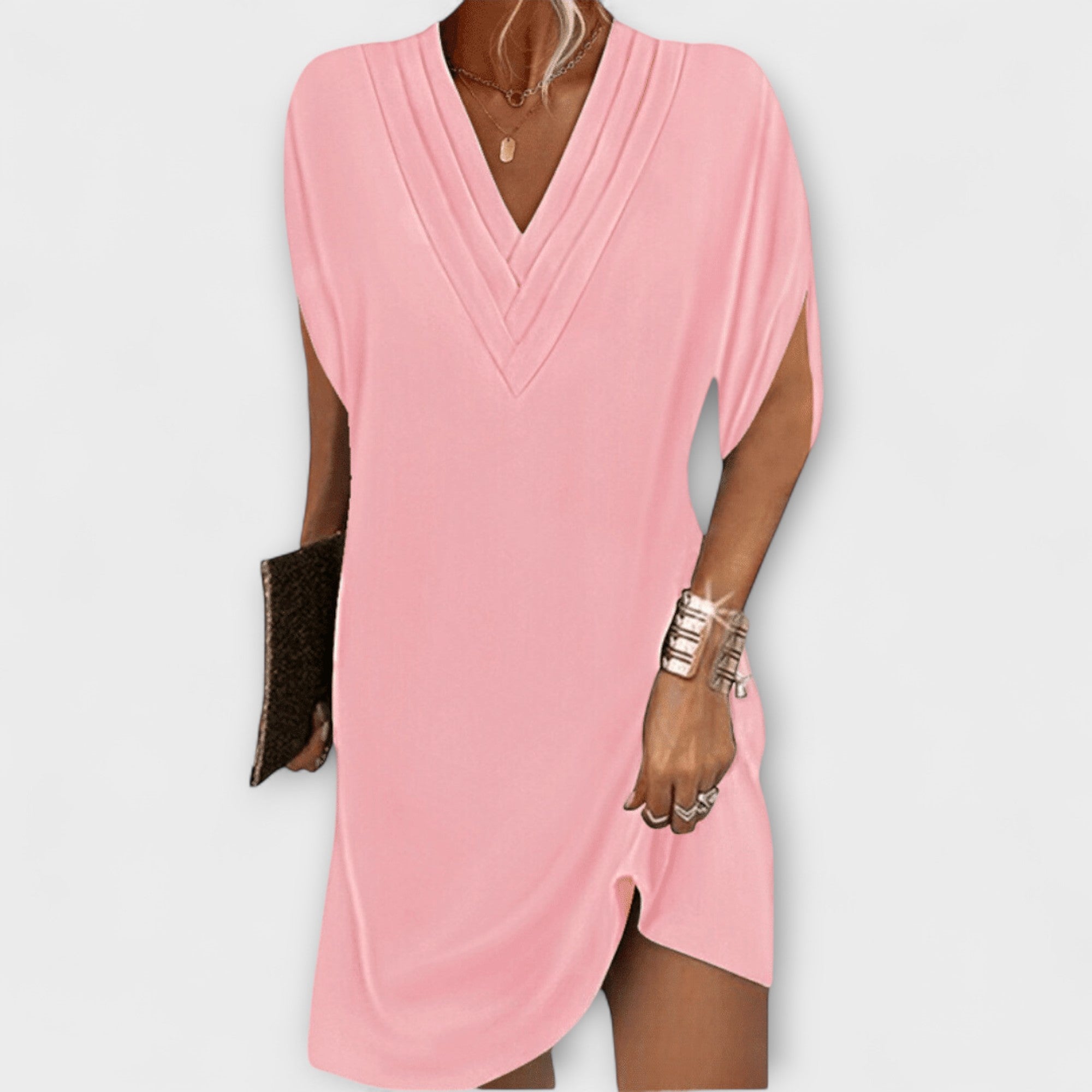 Rosa Shift-Kleid mit V-Ausschnitt, kurzen Ärmeln und seitlichem Schlitz