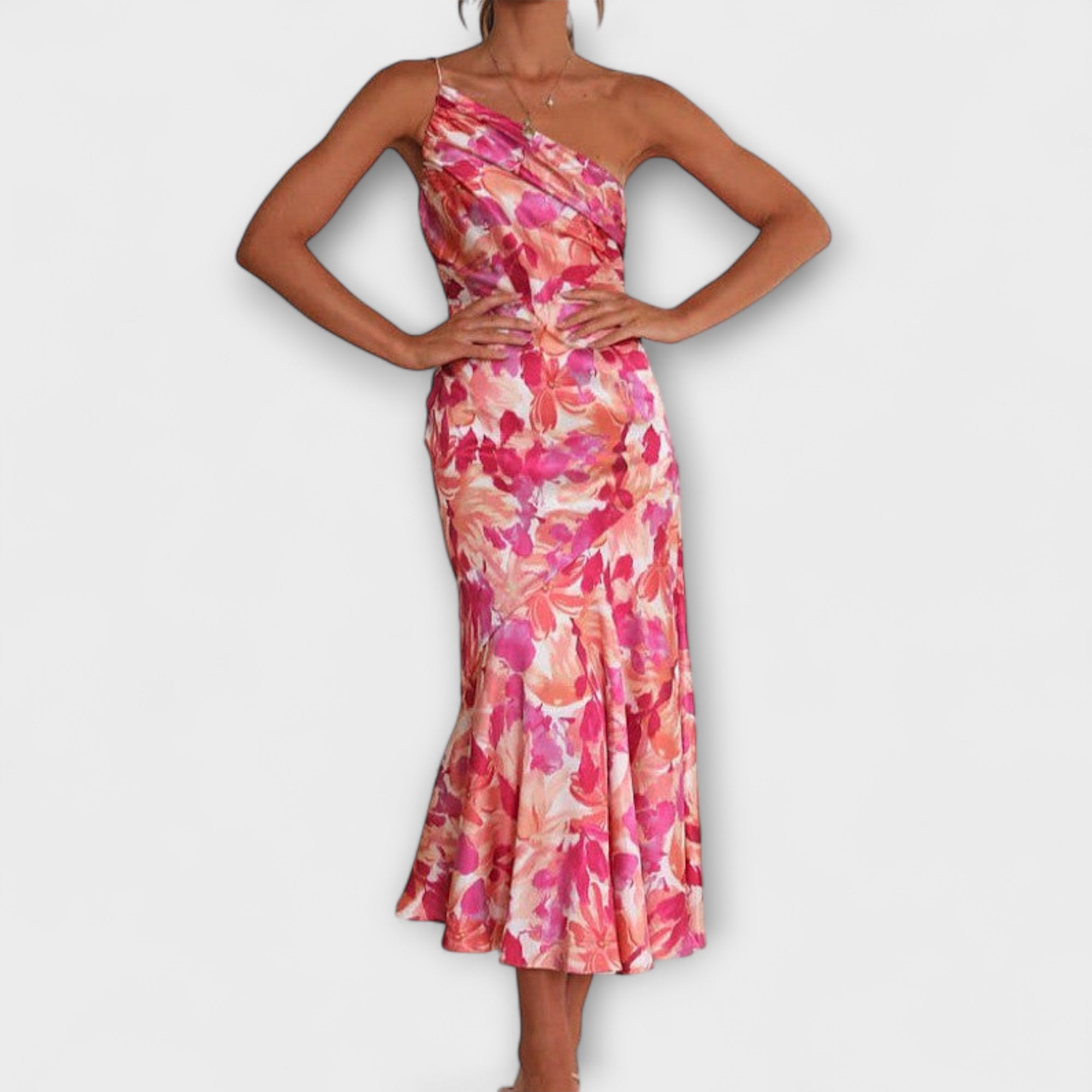 Asymmetrisches Blumendruckkleid mit einseitigem Träger, pinkem Blumenmuster, knielang