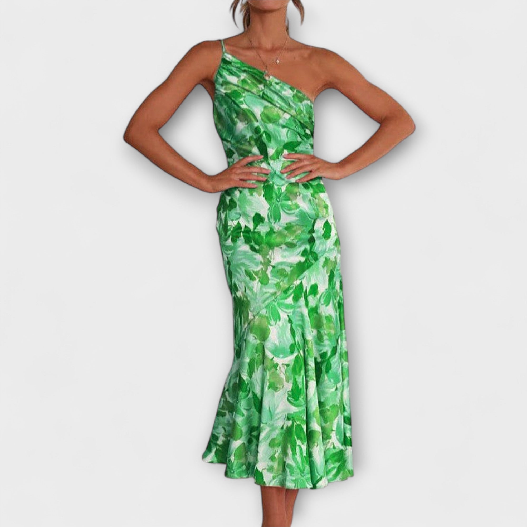 Asymmetrisches Blumendruckkleid mit einseitigem Träger, grünes Blumenmuster, knielang