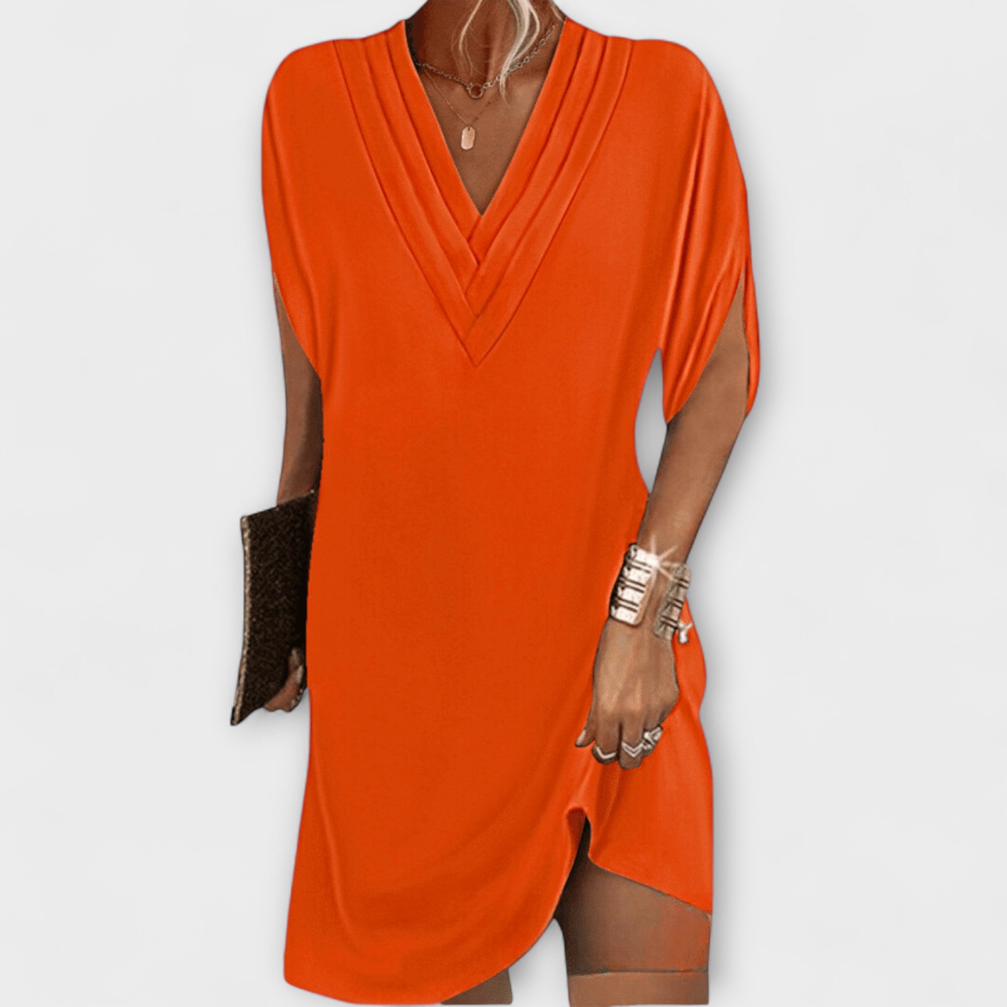 Oranges Shift-Kleid mit V-Ausschnitt, kurzen Ärmeln und seitlichem Schlitz
