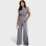 Graues asymmetrisches 2-Teile-Set mit drapierten Schultern und langer, weiter Hose