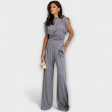 Graues asymmetrisches 2-Teile-Set mit drapierten Schultern und langer, weiter Hose