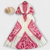 Delilah Vintage-inspiriertes Kleid, cremefarben mit pinkem Muster und Volants