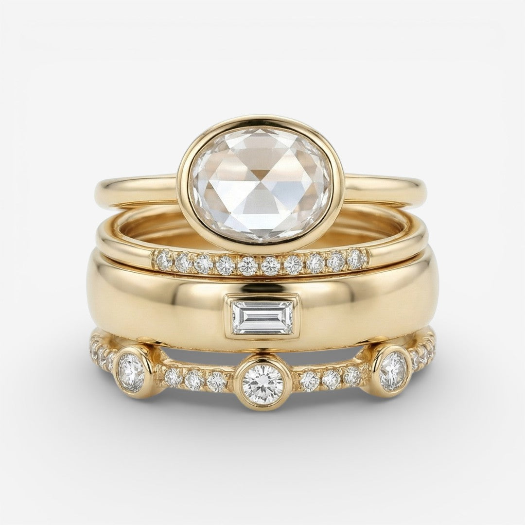 Goldfarbene Vintage-Ring-Set mit großen Zirkonia und feinem Zirkoniasteindetail