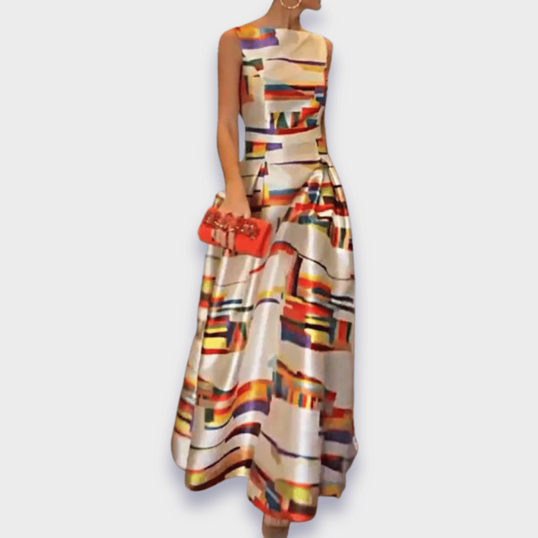 Babette langes ärmelloses Kleid mit abstraktem Muster in Beige und bunten Farben