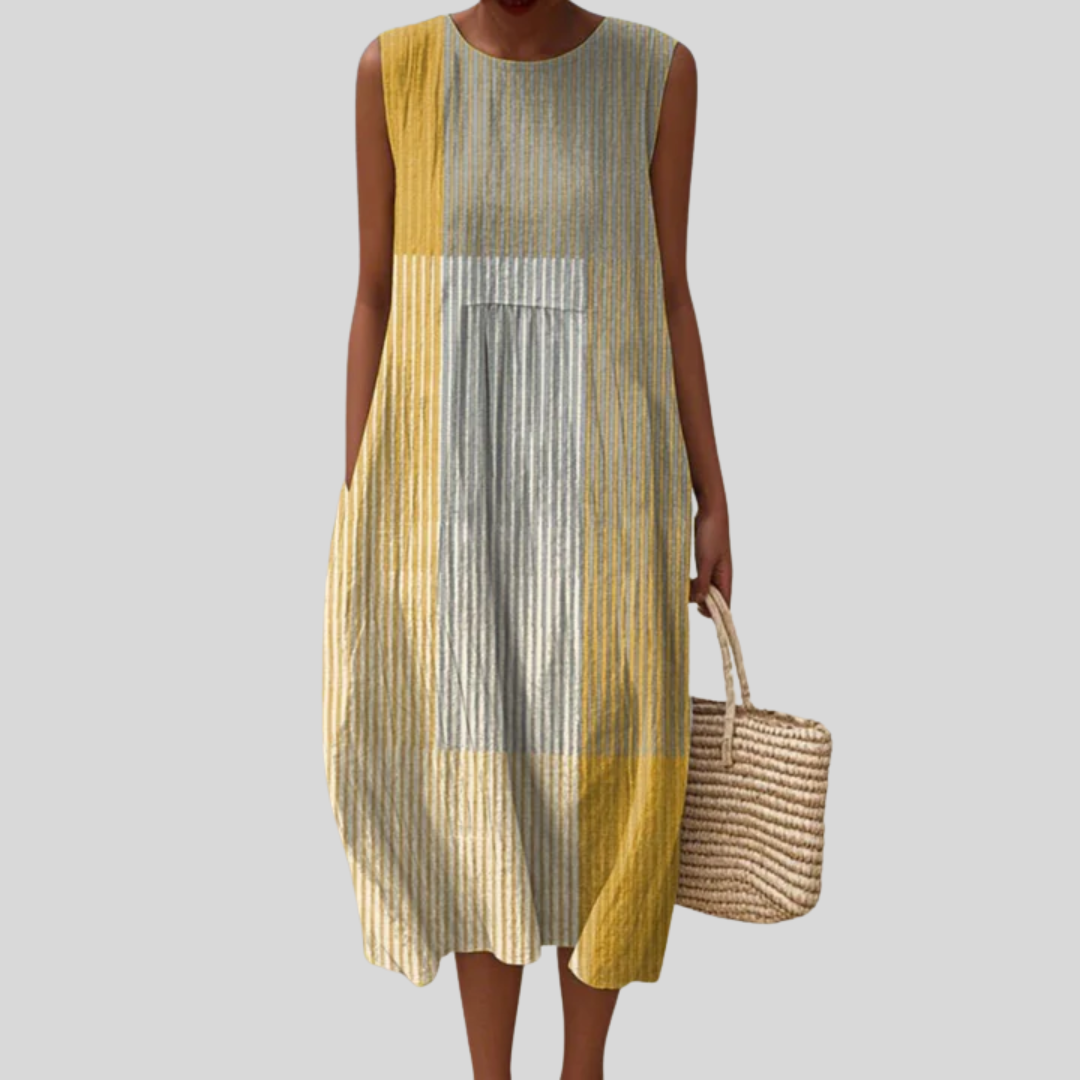 Ärmelloses gestreiftes Sommerkleid mit lockerem Schnitt, gelb-blau-creme Streifen