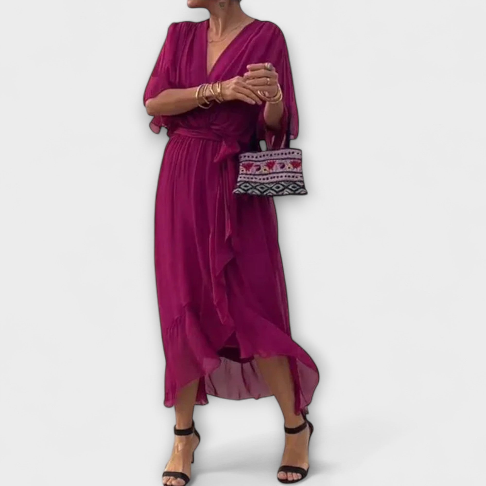Chiffonkleid mit V-Ausschnitt, fuchsia, Wickeloptik mit Bindegürtel, schwingender Saum