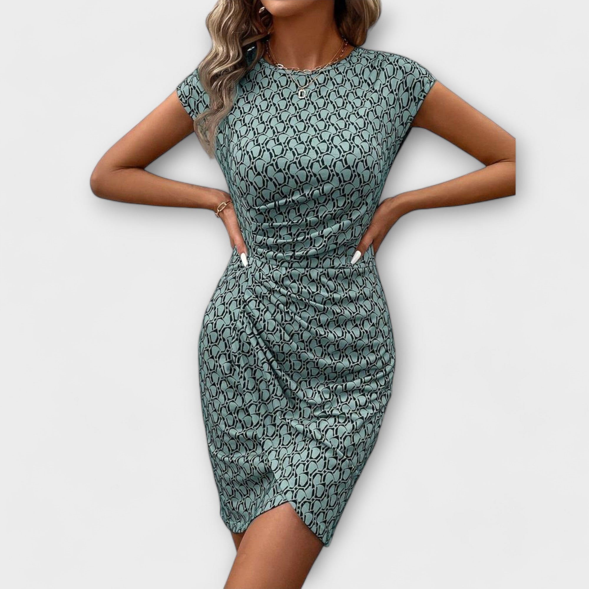 Kurzärmliges Tulpenkleid mit Allover-Kettengliedermuster, türkis, leicht ausgestellter Saum