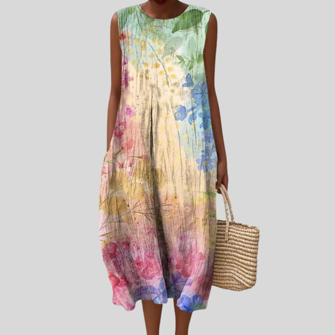 Lockeres ärmelloses Midikleid mit buntem Blumen-Aquarellmuster