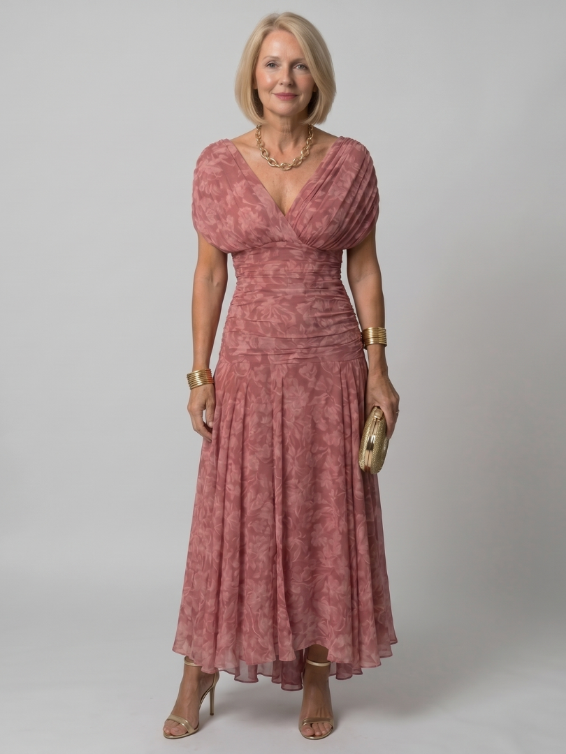 Off-Shoulder Midi-Kleid mit V-Ausschnitt, rosafarbenes Strukturmuster, kniefallender Rock