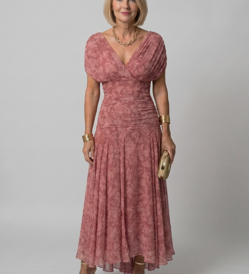 Off-Shoulder Midi-Kleid mit V-Ausschnitt, rosafarbenes Strukturmuster, kniefallender Rock