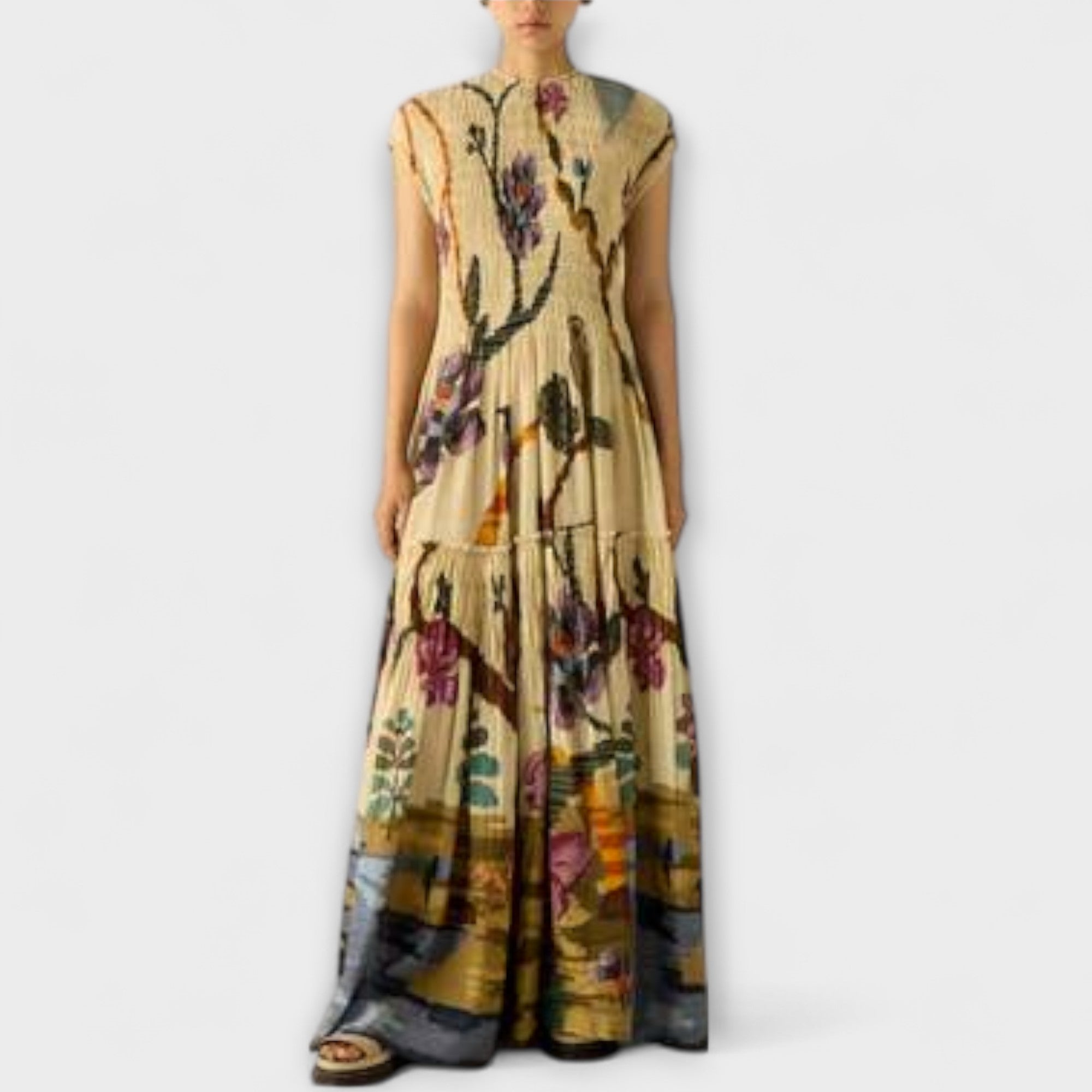 Maxikleid mit plissiertem Druckdesign, ärmellos, weit fallender Rock, mehrfarbig