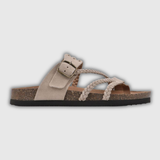 Geflochtene Korksandale mit geflochtenen Riemen und Schnallenverschluss in Beige